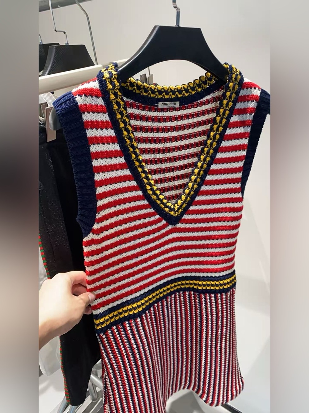 🚩steal Miu Miu Red, White & Navy Striped Crochet Top with Yellow Trim - Picture 6 of 7